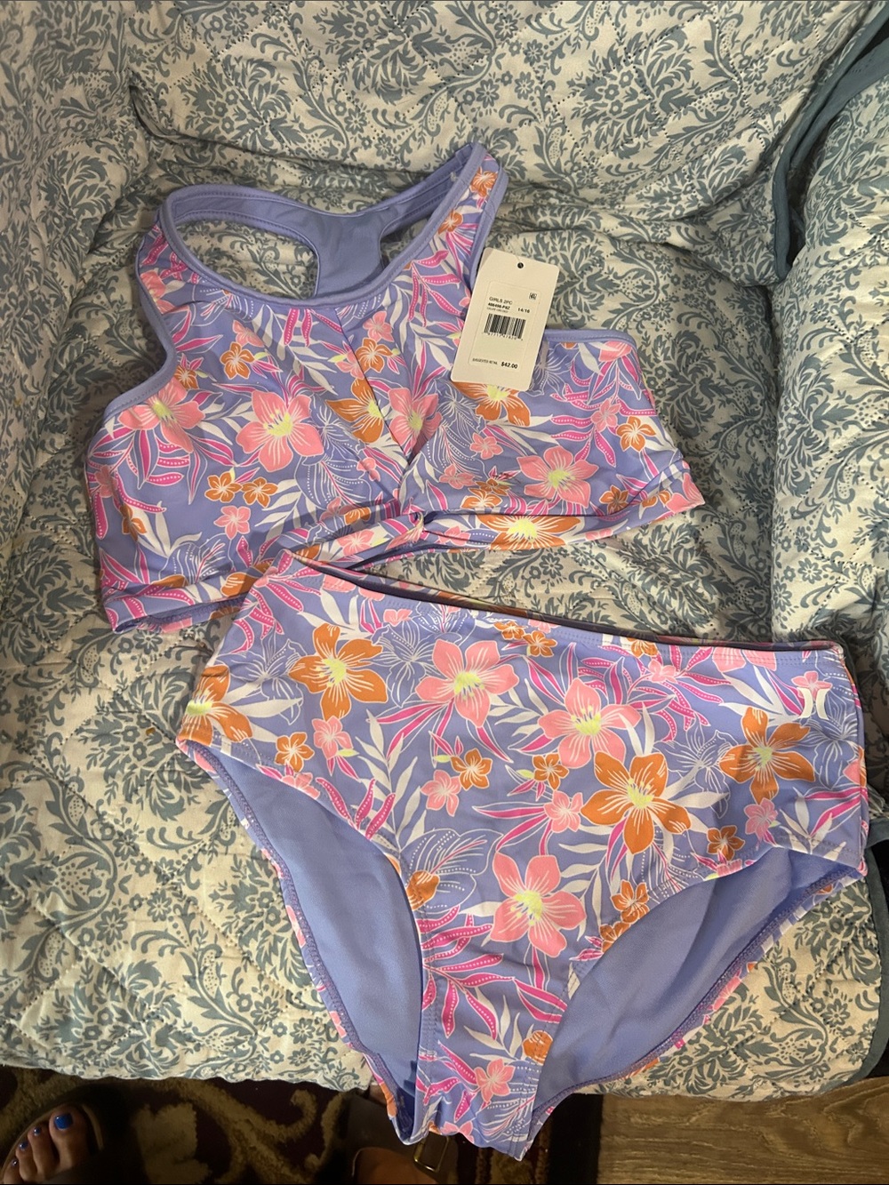 Hurley Girls Lavender Floral Racerback Bikini Set - Purple, Pink, Orange
